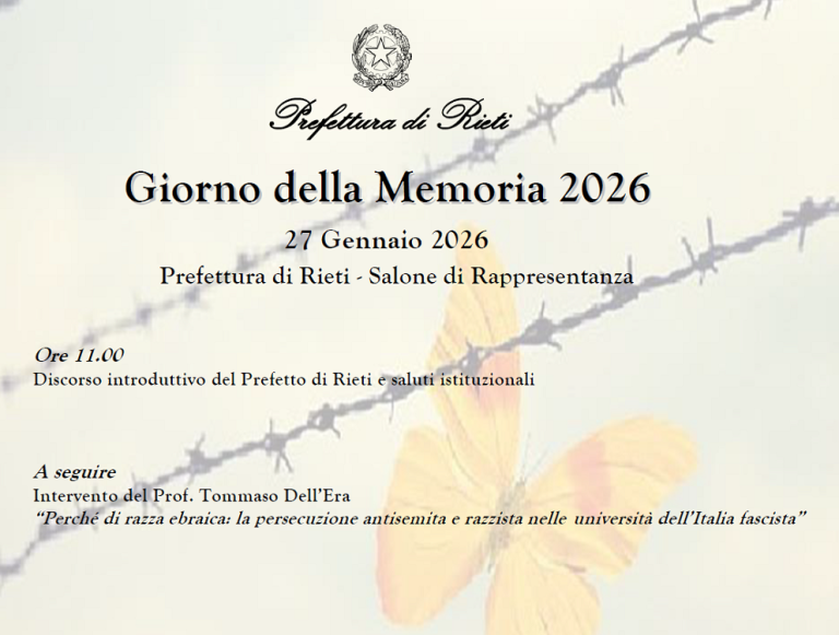 Martedi 27 gennaio nella Prefettura di Rieti celebrazione del “Giorno della Memoria”