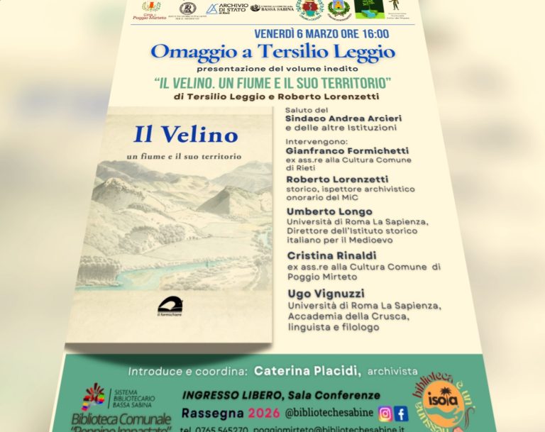 Il 6 marzo a Poggio Mirteto presentazione del libro “Il Velino”, di Tersilio Leggio e Roberto Lorenzetti