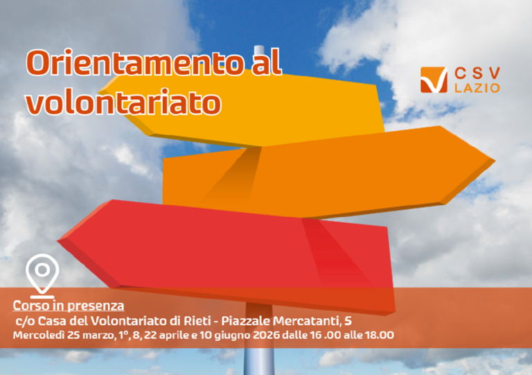 Corso di Orientamento al volontariato: a Rieti il 25 marzo e 1, 8, 22 aprile