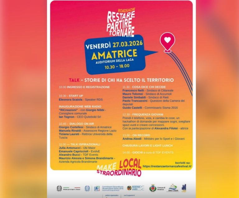 Ad Amatrice la ricostruzione comincia dal lavoro per i giovani. In arrivo il roadshow “Restare, partire, tornare”