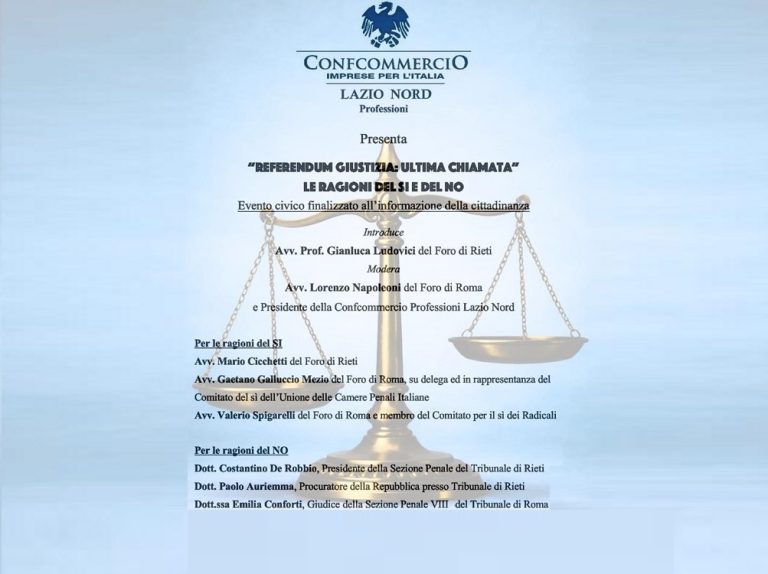 Il 20 marzo a Rieti il convegno “Referendum giustizia: ultima chiamata. Le ragioni del sì e del no”. Ingresso libero