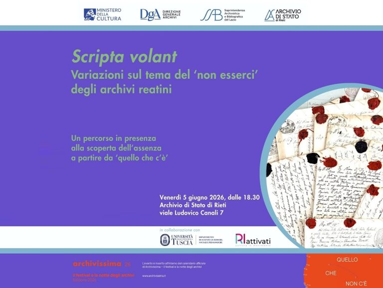 “La Notte degli Archivi 2026”, all’Archivio di Stato di Rieti l’iniziativa “Scripta volant. Variazioni sul tema del non esserci degli archivi reatini”