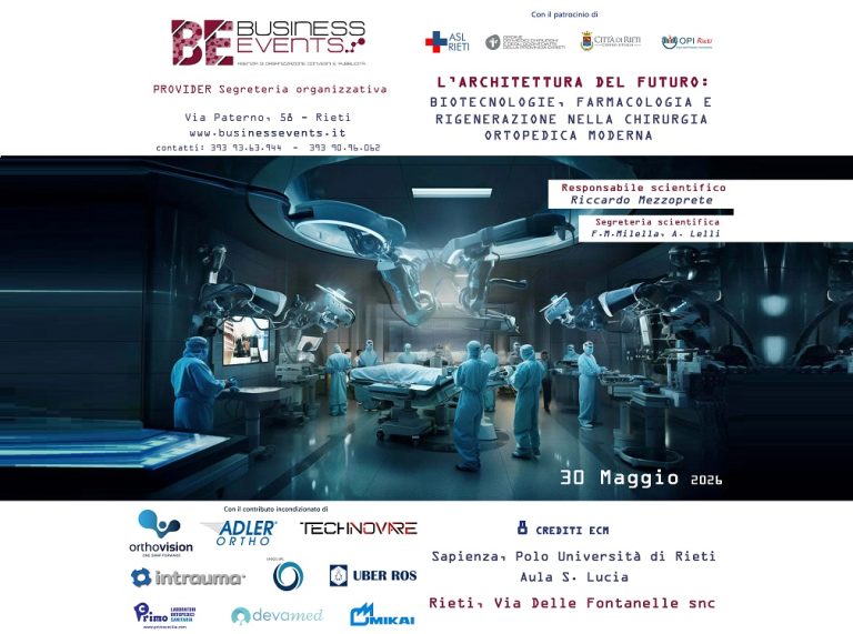 Il 30 maggio a Rieti il convegno: “L’architettura del futuro. Biotecnologie, farmacologia e rigenerazione nella chirurgia ortopedica moderna”