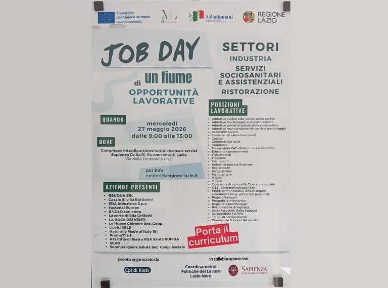“Job Day”, il 27 maggio a Rieti un fiume di opportunità lavorative