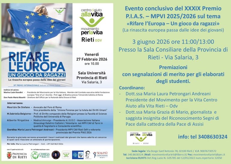 Evento conclusivo il 3 giugno a Rieti per il Premio internazionale P.I.A.S. 2025/2026