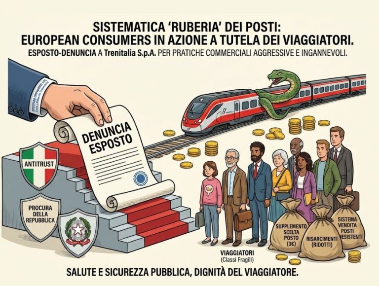 European Consumers APS deposita esposto presso AGCM e Procura di Rieti: “Trenitalia, vendite sistematiche di posti inesistenti. È danno alla collettività”