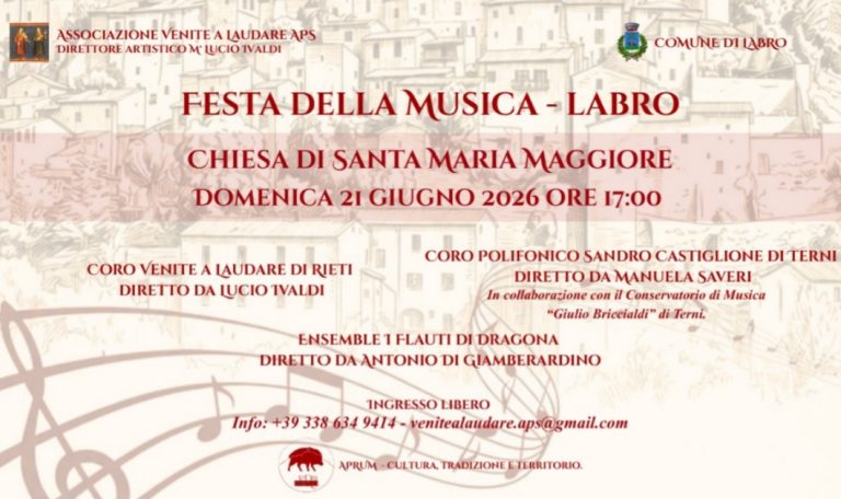 A Labro il 21 giugno concerto con l’Associazione Venite a Laudare