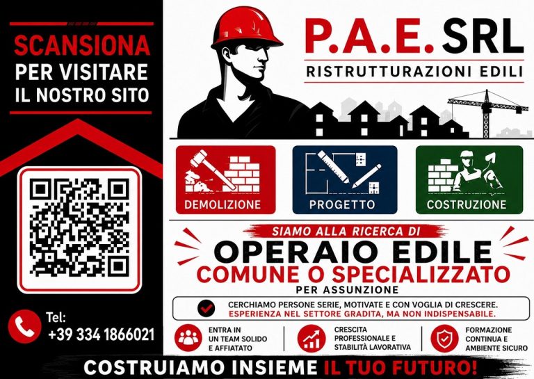 OFFERTE DI LAVORO – P.A.E. Ristrutturazioni Edili ricerca operaio edile comune o specializzato