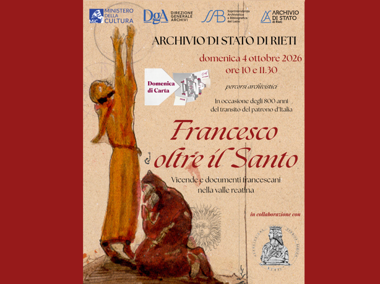 “Domenica di carta” all’Archivio di Stato di Rieti: appuntamento con “Francesco oltre il santo”. Il 4 ottobre apertura straordinaria 