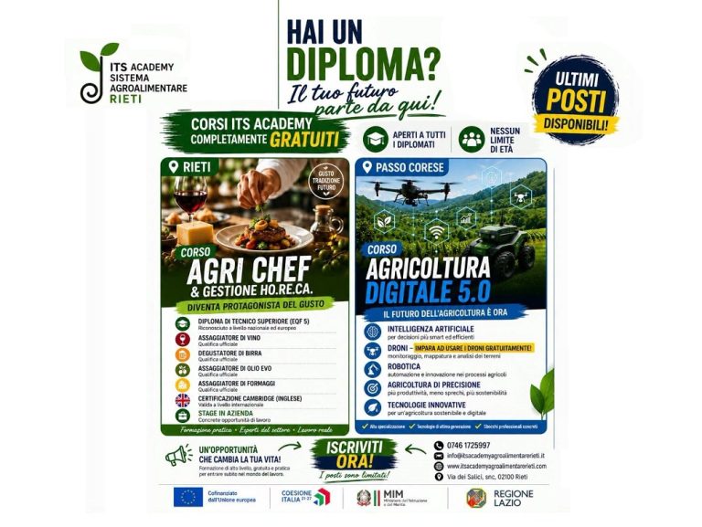ITS Academy Agroalimentare Rieti: aperte le preiscrizioni ai nuovi corsi biennali gratuiti