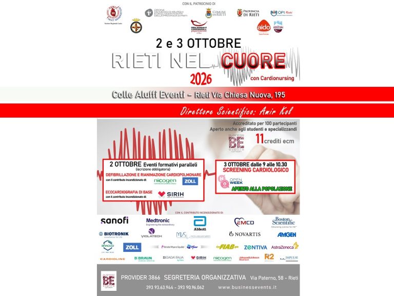 Il 2 e 3 ottobre torna il convegno nazionale: “Rieti nel Cuore”. In questa edizione screening cardiologico per la popolazione interessata